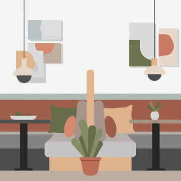 Minimalist Cafe Interior with Modern Furniture and Potted Plant.