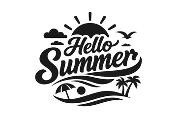 Obraz premium Hello Summer Typography Vector Bold Beach Lettering Tropical Vacation Quote Design Sunny Holiday Graphic Minimal Summer Season Illustration Travel Poster Coastal Paradise Greeting