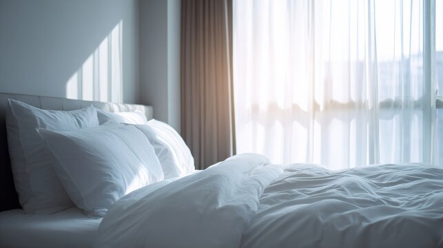 guest. A serene hotel bedroom bathed in morning light, featuring a simple bed with crisp white linens and minimal decor. lifestyle magazines.