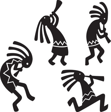 Traditional kokopelli flute player figures southwestern tribal ethnic dancers silhouettes