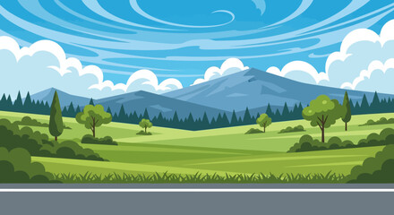 Fototapeta premium Cartoon landscape with green field, trees, and mountains under blue sky with white clouds