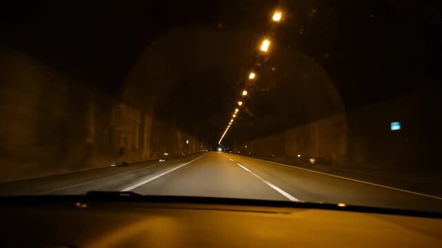 View from inside a vehicle driving through a dark, illuminated tunnel