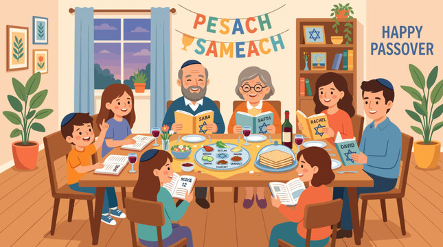 Multi-generational Jewish family enjoying a joyful Passover Seder celebration, sharing stories, food, and traditions around the dinner table, fostering togetherness and heritage