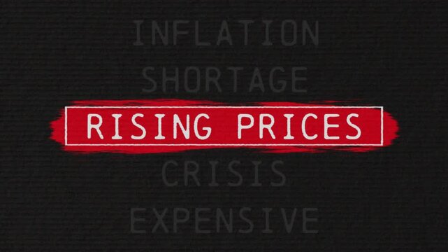 rising prices scrolling text sequence with documentary style title animation for news topic and trend

