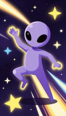 Fototapeta premium Purple Cartoon Alien Under Starry Sky