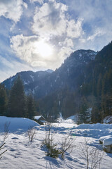 Beautiful winter hike in the Hollersbach Valley, in the Salzburg region near Bramberg, Austria.