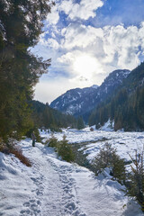 Beautiful winter hike in the Hollersbach Valley, in the Salzburg region near Bramberg, Austria.