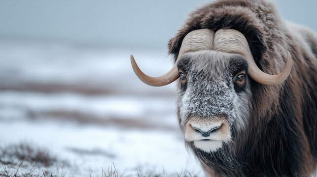 B&Aring;&ldquo;uf musqu&eacute; majestueux dans la toundra arctique enneig&eacute;e de face