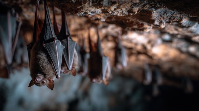 Chauves-souris suspendues t&ecirc;te en bas dans une grotte rocheuse sombre