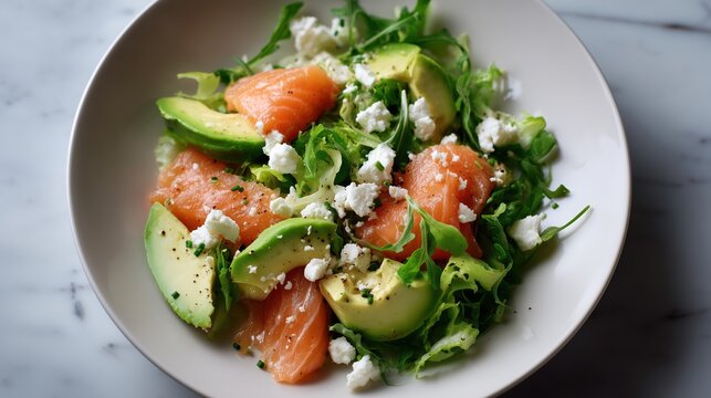 Salade fra&icirc;che au saumon fum&eacute; avec avocat et fromage blanc cr&eacute;meuse
