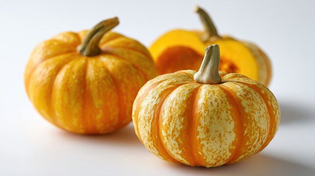 Trois citrouilles oranges d&eacute;coratives pos&eacute;es sur fond blanc lumineux
