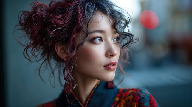 Portrait d'une jeune femme asiatique aux cheveux color&eacute;s boucl&eacute;s