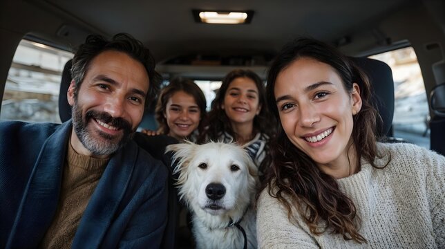 Famille heureuse avec chien blanc voyageant ensemble en voiture