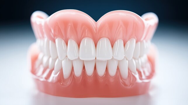 Dentier complet en r&eacute;sine rose avec dents blanches sur fond d&eacute;grad&eacute;