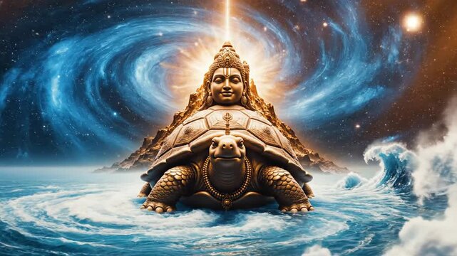 Cosmic turtle rises from ocean waves under starry galaxy background, symbolizing creation