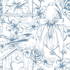 A wooden birdhouse and heart with bows, birds, and apple blossoms. A hand-drawn ink graphic illustration in a line art style. A seamless pattern for wedding and holiday decor. © NATASHA-CHU