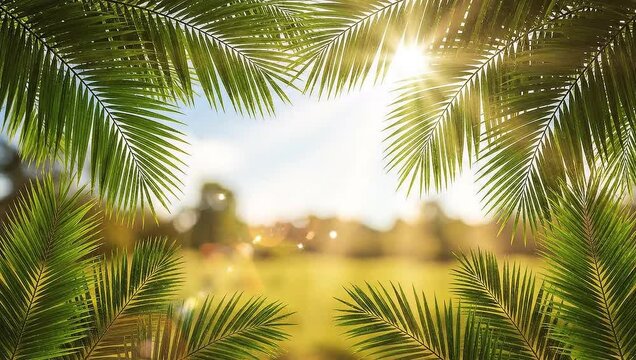 Palm leaves frame a sunny field with lens flare.