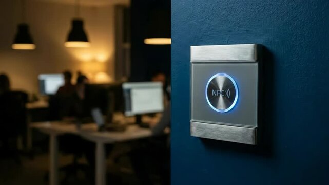 Close Up Contactless NFC Reader Lighting Up in Modern Office