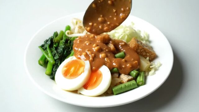 A hand pours peanut sauce over gado gado