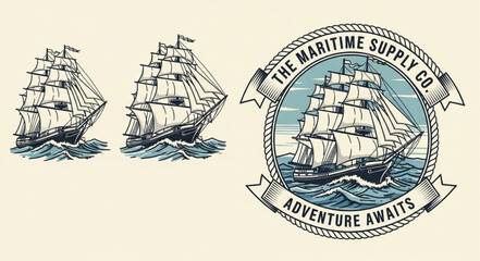 Vintage sailing ship illustration with maritime supply company logo. © Putra