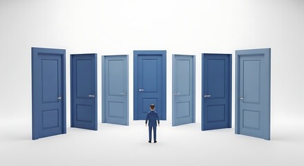Businessman choosing between multiple blue doors for career path, decision making and corporate opportunity concept