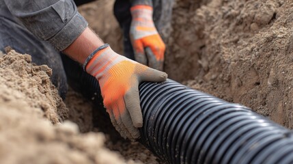 Worker hands installing corrugated drainage pipe in trench for trench drain control and pipe management.