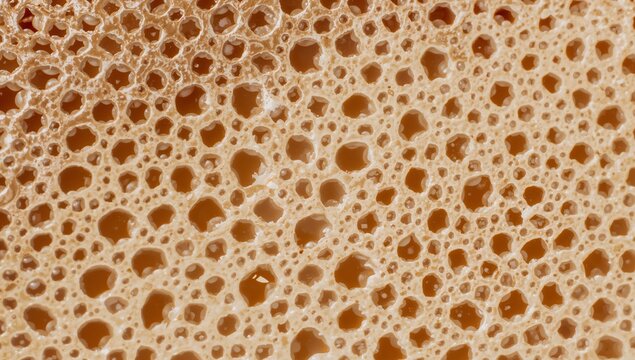 Showing porous beige foam surface filling frame in studio macro, with rounded pores, thin septa