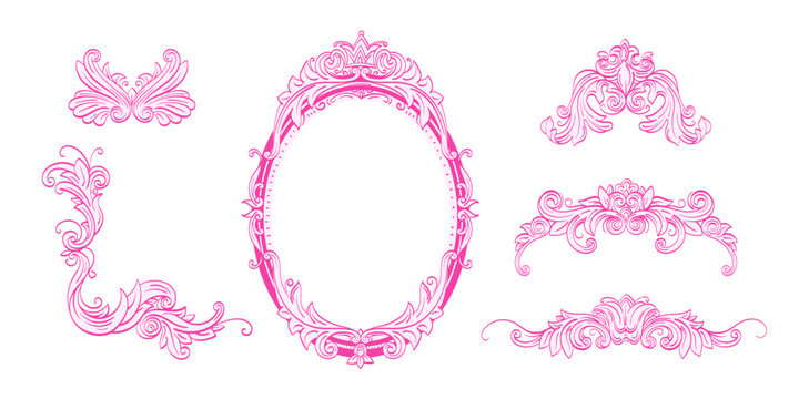 Vintage baroque mirror frame featuring elaborate floral ornament and crown element. Ideal for Victorian style wedding decor, elegant monogram and antique inspired decorative border. Vector hand drawn