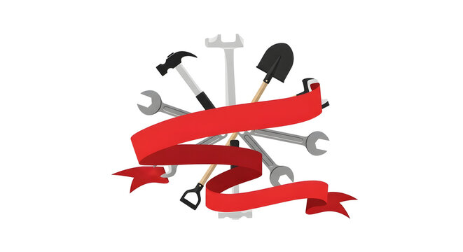 International Workers Day Red Flag with Hammer and Wrench Industrial Skyline