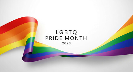 Wavy rainbow flag with vibrant color bands against neutral backdrop, celebrating LGBTQ Pride Month, symbolizing diversity, equality, inclusivity, identity
