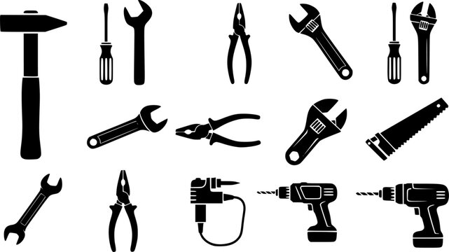 Black silhouette tool icons set illustration
