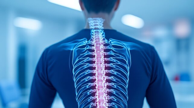 Back view with holographic human spine and ribcage overlay, red highlighted vertebrae signaling pain. Medical imaging, chiropractic and spinal health concept., diagnosis, wellness