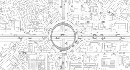 Aerial view of a city map with streets and buildings. © Putra