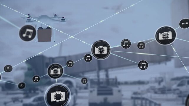Animation of networks of connections with icons and digital drone over airport