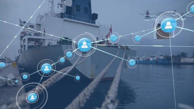 Animation of networks of connections and digital drone with icons over port