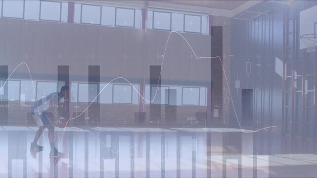 Animation of financial data processing over african american basketball player