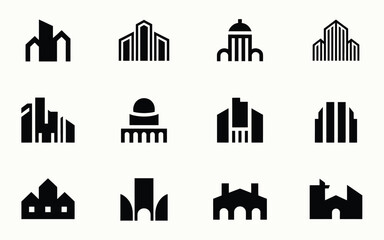 Obraz premium Collection of modern city building icons in black silhouette on white background for architecture design