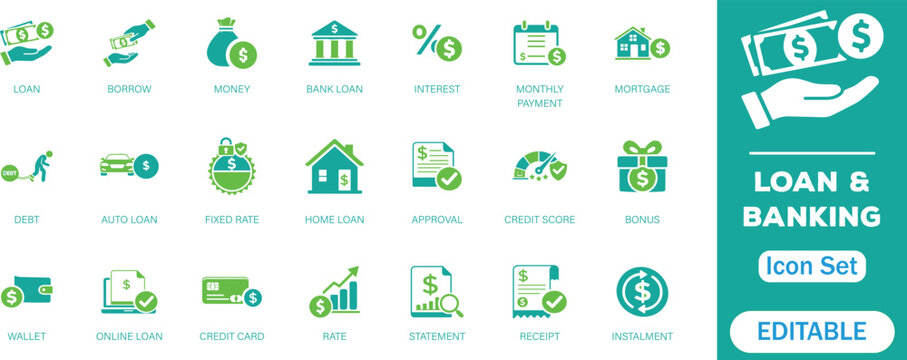 Loan and Banking solid icon set. Containing mortgage, borrow, interest, debtor, credit score, lender, instalment, rate, lending and more. perfect flat icons collection.

