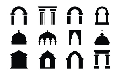Collection of various architectural arches and domes in black silhouette on white background for design and decoration © Shela