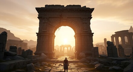 Fototapeta premium Ancient Ruins with Large Arched Gateway at Sunset Creating Dramatic Silhouette