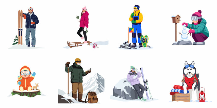 Vector illustrations of people and a husky enjoying winter outdoor activities including skiing, hiking, sledding, and building a snowman.