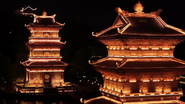 Aerial view of illuminated pagodas at night in hoa lu ancient town, ninh binh, vietnam