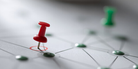 Red pushpin on connected network map