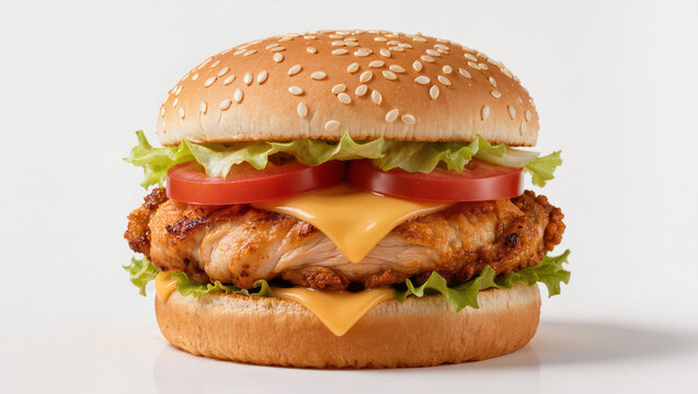 Fresh Crispy Chicken Sandwich with Cheese, Lettuce, and Tomato on White Background