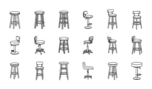 Minimal bar stool outline icons vector collection for cafe bar and club furniture design