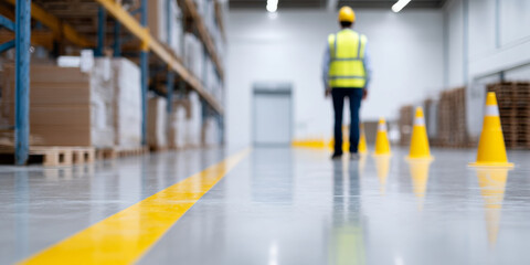 Warehouse worker inspecting safety cones