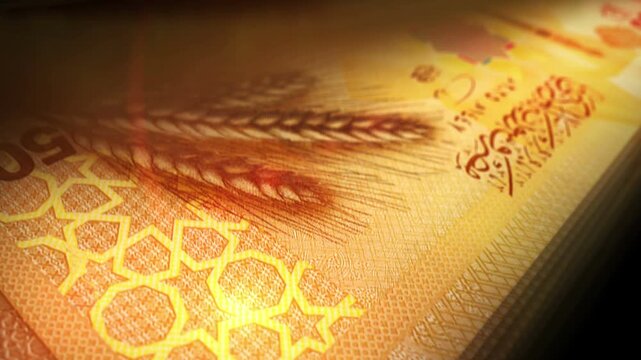 Syria pounds Syrian money counting. 500 SYP banknotes. Fast cash note count macro loop. Business, finance and economy. Loopable and seamless concept.