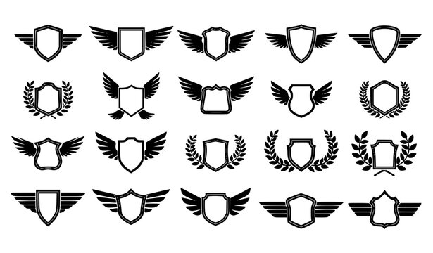 Heraldic emblem icon pack vector with shields wings and laurel wreath silhouettes