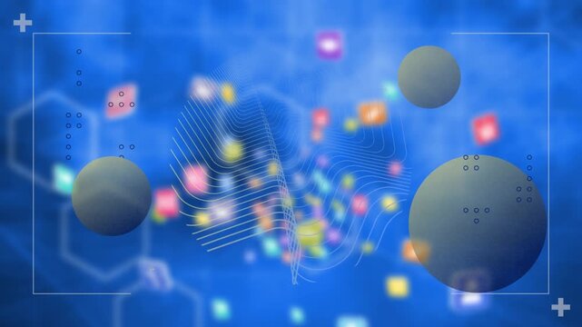 Animation of spheres and shapes over blurred icons on blue background