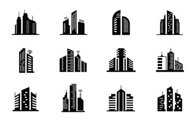 City skyline with various modern office buildings and skyscrapers in black silhouette on white background for architecture design © Shela